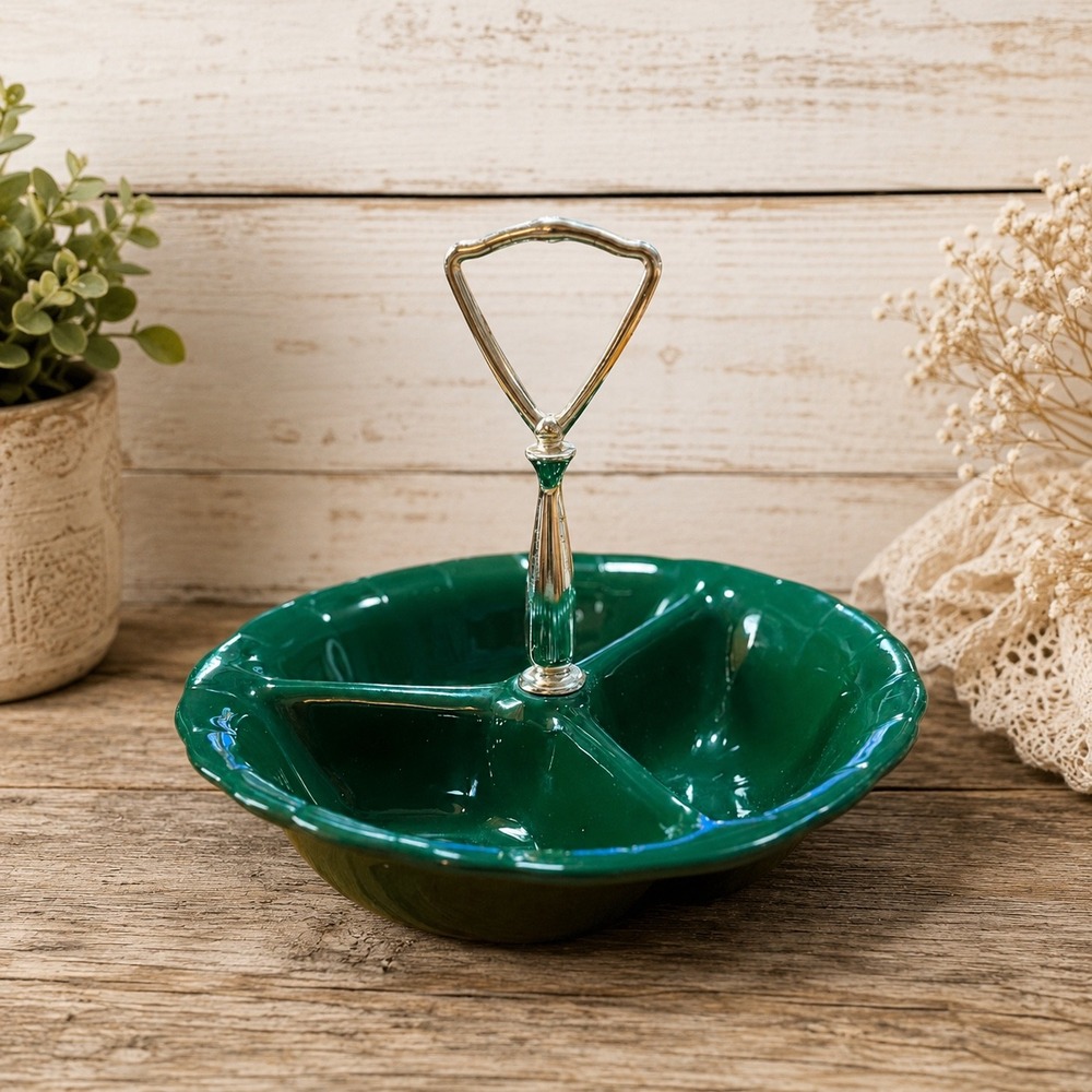 Lane & Co Van Nuys Calif 1960 Vintage Green Ceramic Divided Serving Dish Handle